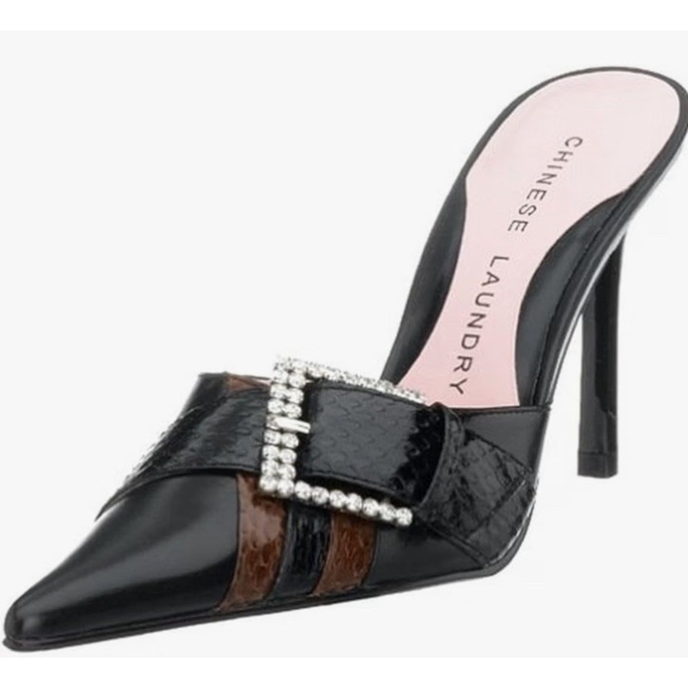 Chinese Laundry Vivian Pointed Toe Hi Heel Mules Leather Rhinestone Buckle 7.5M